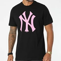 Remise 🎁 Tee 👚 Shirt New York Yankees Imprint Echo Noir Rose Fluo de '47 Brand 👍