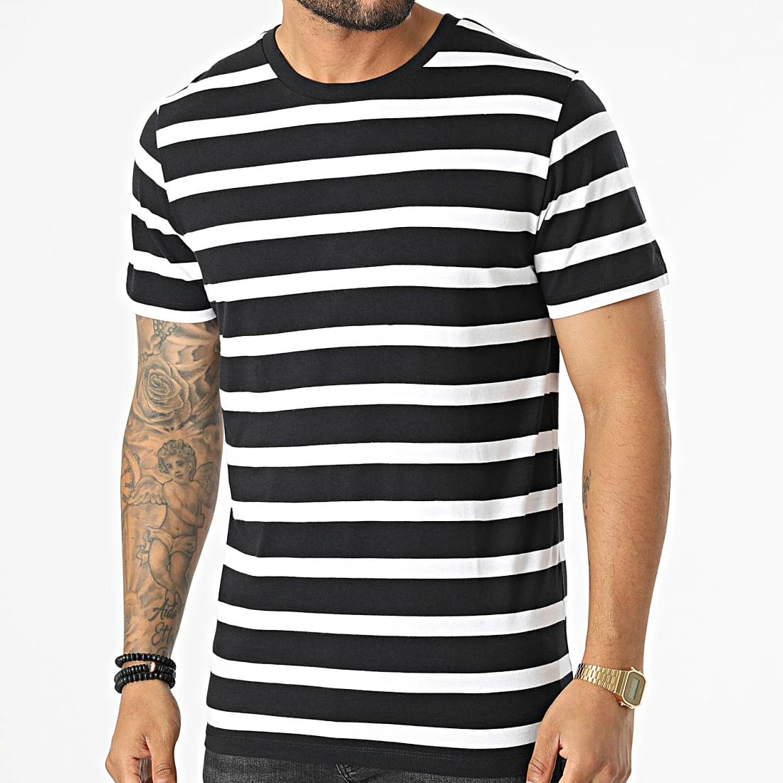 Bon marché 👍 Tee 👕 Shirt A Rayures GMS Stan Noir Blanc de Produkt 🧨