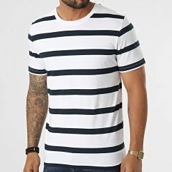Meilleure affaire 🤩 Tee 👕 Shirt A Rayures GMS Stan Blanc Bleu Marine de Produkt 🛒